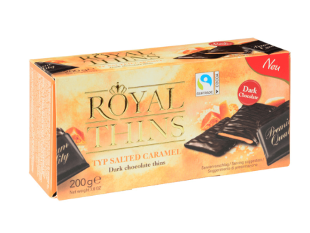 [Best Before: 12 31 24] Halloren Royal Thins with Salted Caramel Cream in Dark Chocolate, 7 oz For Sale